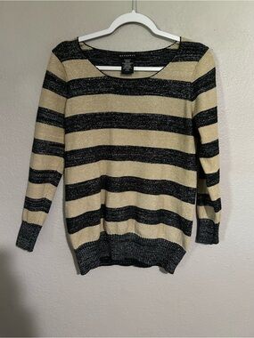 Metaphor Black and Cream Striped Scoop Neck Sweater with Metallic Thread